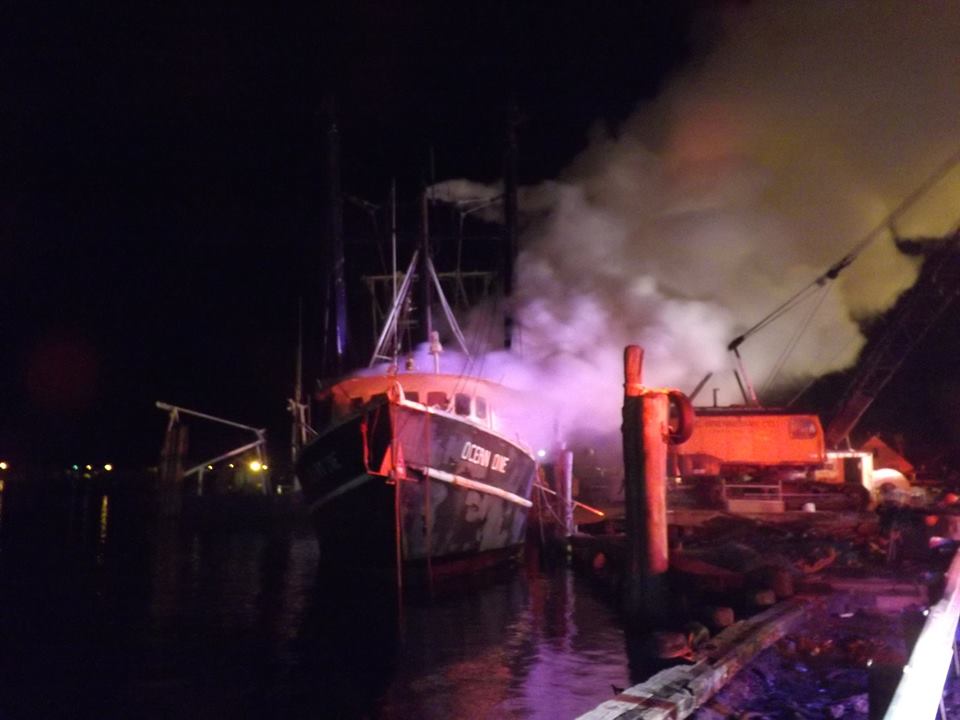 The Ocean One burns at a commercial dock in Point Pleasant Beach. (Photo: Barnegat Bay Island/Facebook)