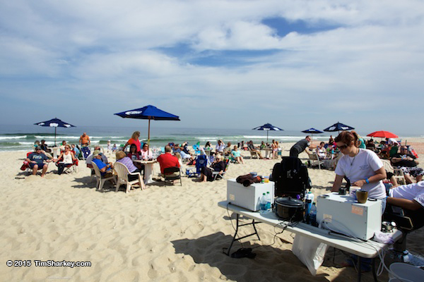 Attendees enjoy food on the beach during the 2015 paws4vets fundraiser. (Credit: Tim Sharkey)