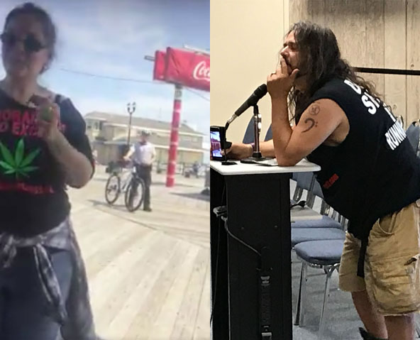 Edward "Lefty" Grimes addresses the Seaside Heights council (right). His friend was smoking medical marijuana on the boardwalk last weekend (left). (Grimes Photo: Daniel Nee)