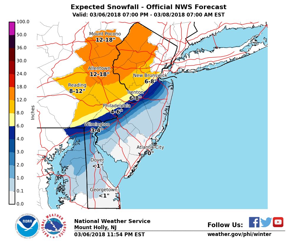 A snowfall forecast issued 12am, March 7, 2018. (Credit: NWS)