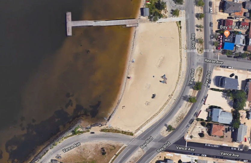 The bay beach near Reese Avenue, where swimming has been prohibited. (Credit: Google Maps)