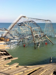 The Jet Star roller coaster in the ocean off a battered Casino Pier following Superstorm Sandy. (Photo: Daniel Nee)
