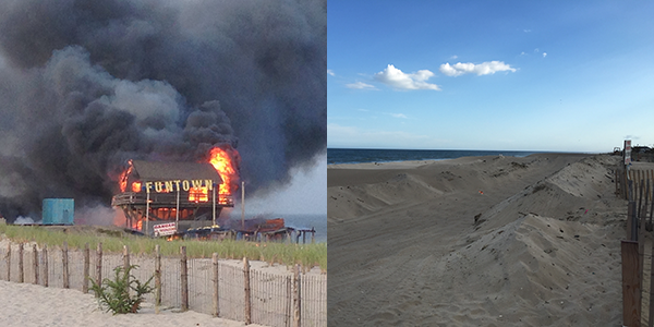 Funtown Pier burns, Sept. 12, 2013, with its beach area being used for an ATV track in Sept. 2015. (Photos: Daniel Nee)