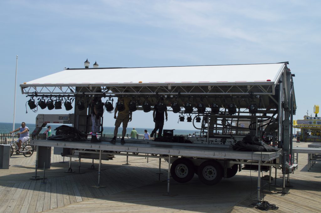 Crews ready a stage for the May 27, 2016 performance by Bret Michaels. (Photo: Daniel Nee)