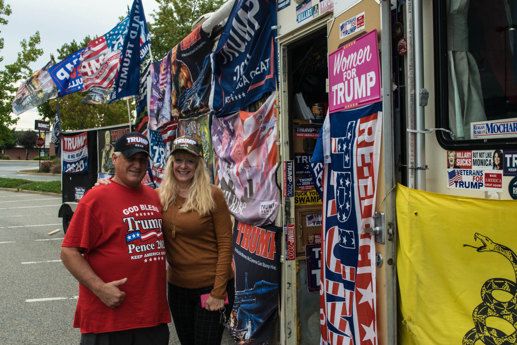 Rocky Granata and a supporter next to his Trump Re-Election RV parked in Brick, Oct. 2019. (Photo: Daniel Nee)