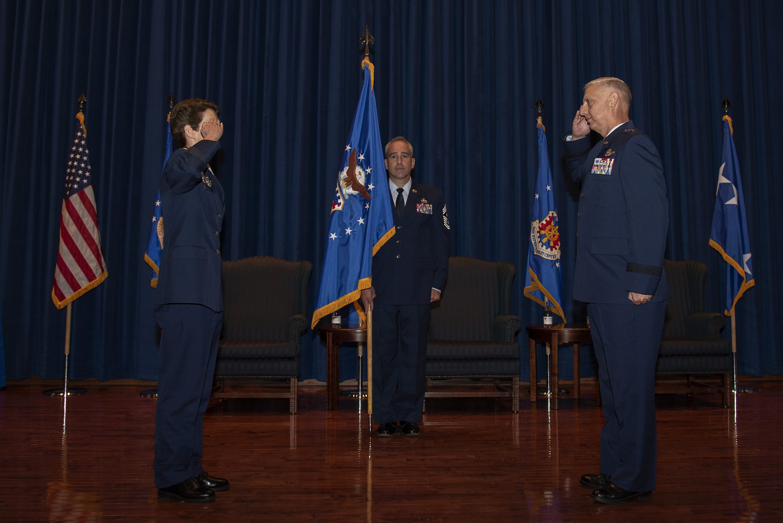 U.S. Air Force Maj. Gen. Mark Camerer assumed command of the U.S. Air Force Expeditionary Center during a change of command ceremony Sept. 23, 2020, at the USAF Expeditionary Center on Joint Base McGuire-Dix-Lakehurst, New Jersey. U.S. Air Force Gen. Jaqueline Van Ovost, Air Mobility Command commander, presided over the ceremony where U.S. Air Force Maj. Gen. John Gordy relinquished command of the USAF Expeditionary Center to Camerer. (U.S. Air Force photo by Master Sgt. Ashley Hyatt)