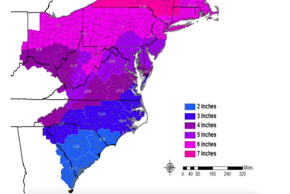 Predicted snow totals for Feb. 7, 2021. (Credit: NWS)