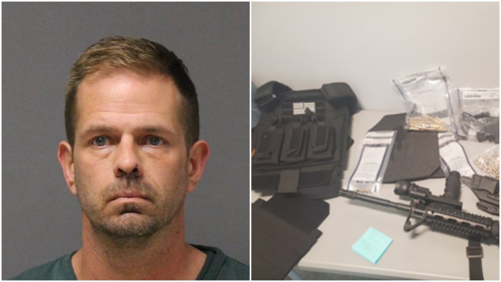 Jeremy Barringer (Photo: Ocean County Jail) and weapons confiscated from him by police (Photo: Mantoloking Police Department).