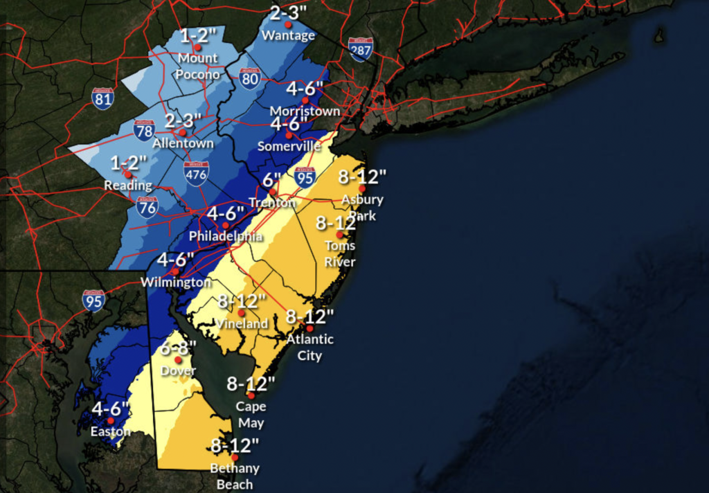 Snowfall predictions for the jan. 28-29, 2022 nor'easter. (Credit: NWS)