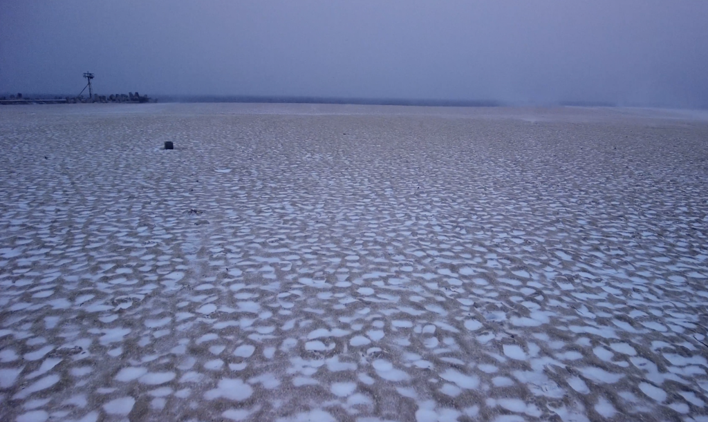 Frozen sand at Point Pleasant Beach, N.J., March 2022. (Photo: Daniel Nee)