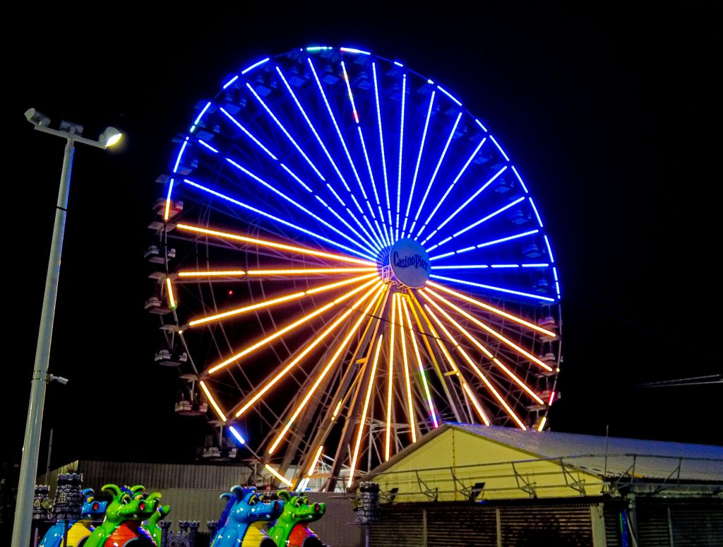 The Ferris wheel at Casino Pier, Seaside Heights, N.J., lit up in Ukrainian colors, March 7, 2022. (Photo: Daniel Nee)