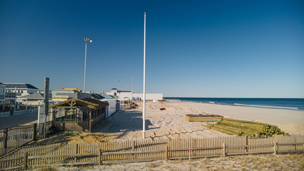 Funtown Pier, with materials staged for reconstruction, March 2022, Seaside Park, N.J. (Photo: Daniel Nee)