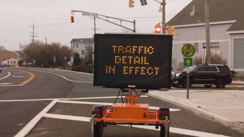 An electronic sign announcing a special traffic detail, Point Pleasant Beach, Route 35, March 31, 2022. (Photo: Daniel Nee)
