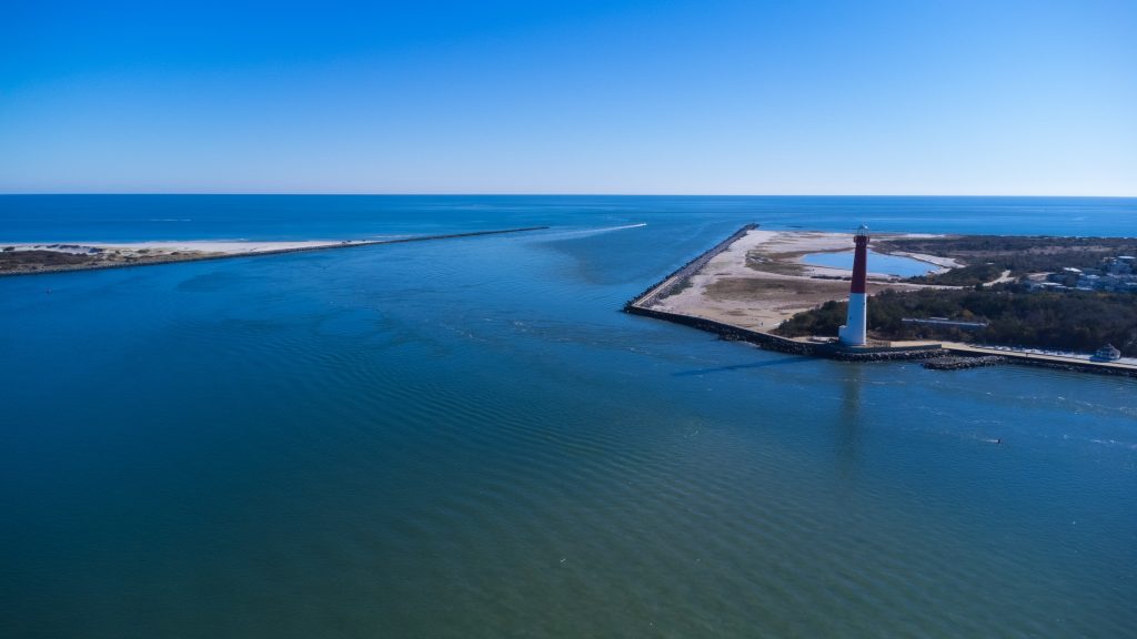 Barnegat Lighthouse and Inlet, Ocean County, N.J., following repainting and maintenance, Nov. 2022. (Photo: Daniel Nee)