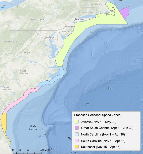 Proposed speed reduction zones along the U.S. east coast. (Source: NMFS)