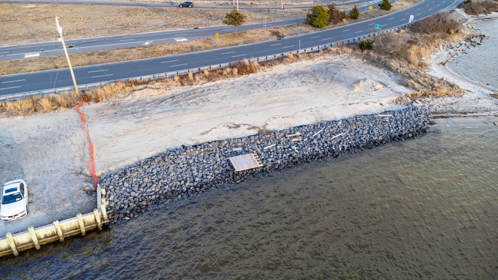A living shoreline revetment project is largely complete at Seaside Heights' south bayfront area, Jan. 5, 2023. (Photo: Daniel Nee)