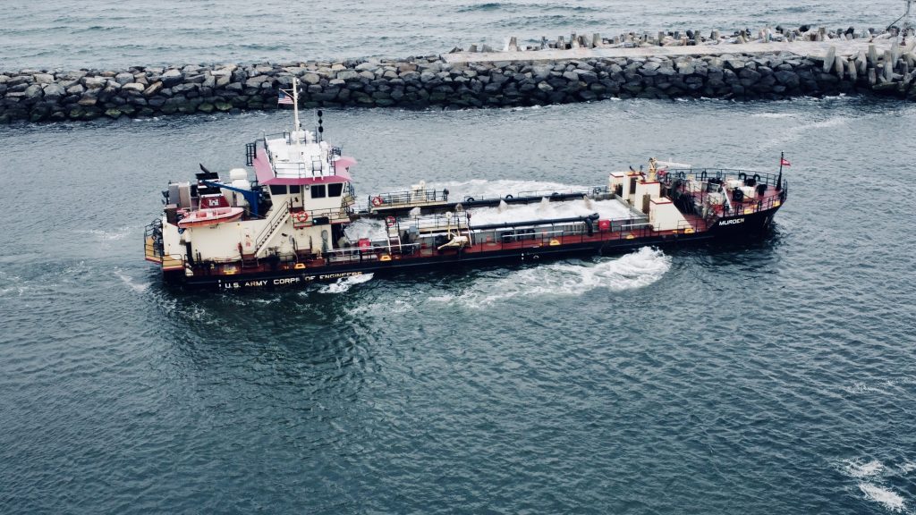 The USACE dredge boat Murden clears a channel through Manasquan Inlet, Feb. 6, 2023. (Photo: Daniel Nee)