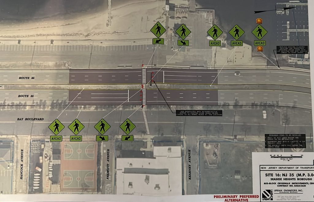 Proposed changes to pedestrian crosswalks in Seaside Heights, Feb. 2023. (Credit: Borough of Seaside Heights/NJDOT)