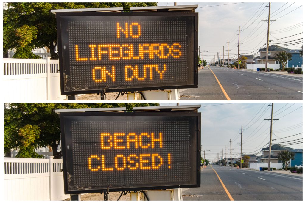 Signs on Route 35 notifying motorists of a swimming ban at Lavallette beaches this week, Sept. 2023. (Photo: Shorebeat)