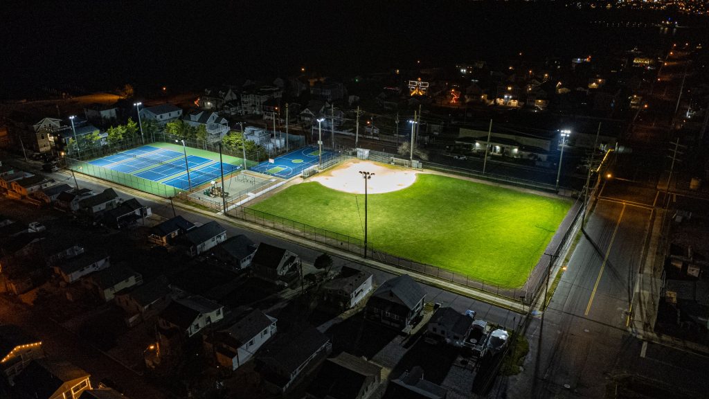 New lighting at the Seaside Park baseball field, 13th-14th avenues, Dec. 15, 2023. (Photo: Shorebeat)