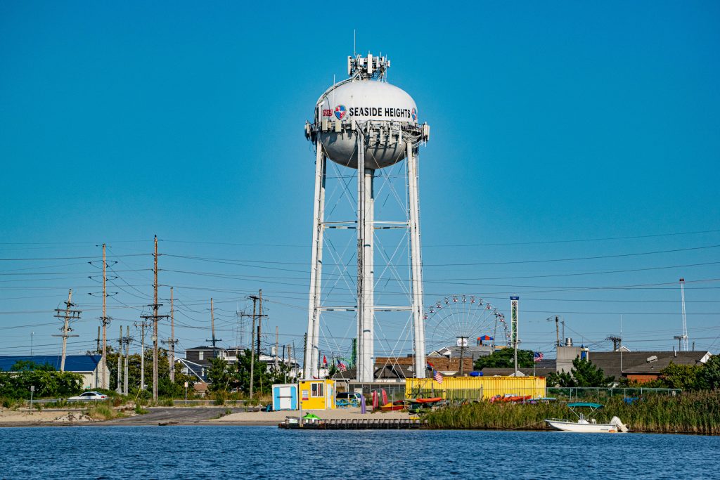 The Seaside Heights water tower behind the boat ramp and water park at Sunset Beach. (Photo: Daniel Nee)