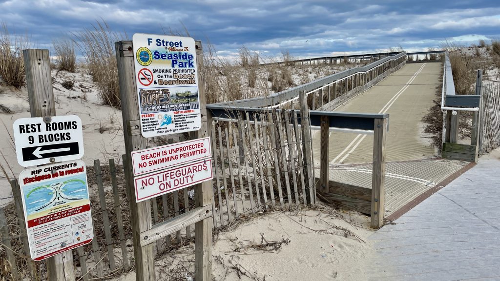 A beach entrance with Mobi-Mats in Seaside Park, March 2024. (Photo: Shorebeat)