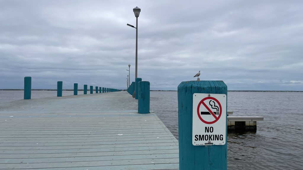 Light poles, some with LED panels, at the 5th Avenue Pier in Seaside Park, May 2024. (Photo: Shorebeat)