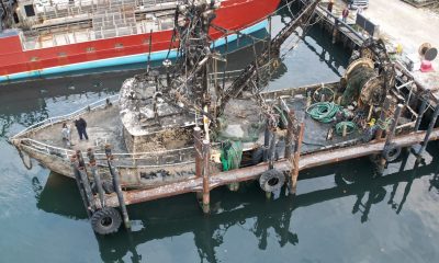 The Susan Rose, submerged under the Atlantic Ocean for a year, is tied up along Channel Drive in Point Pleasant Beach after being re-floated, Nov. 20, 2024. (Photo: John Barrett)