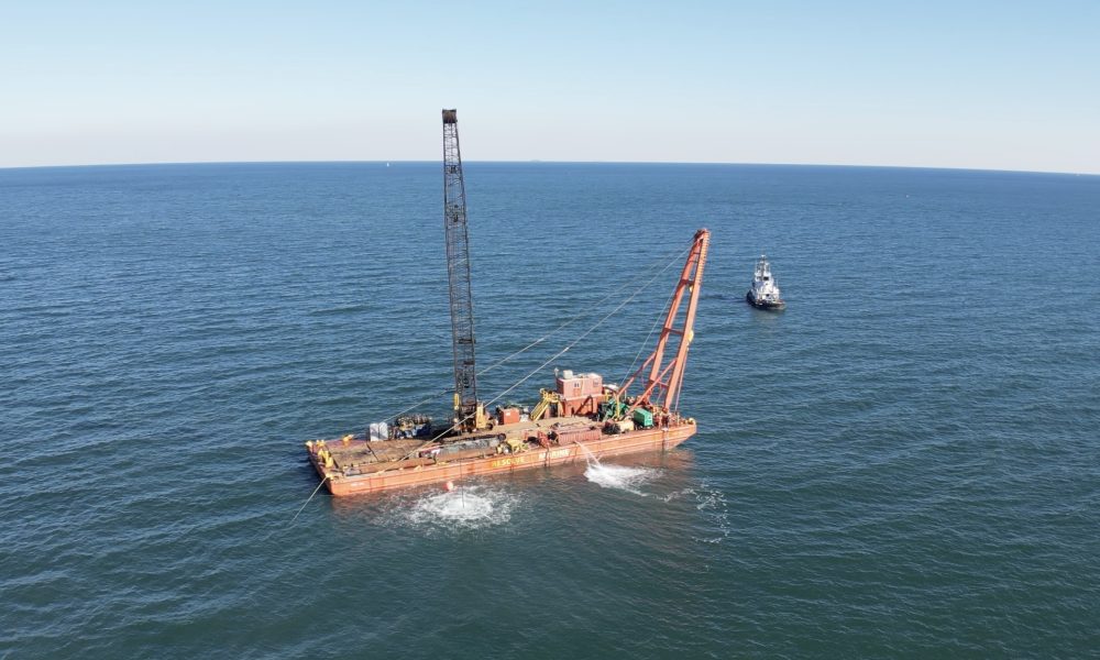 A barge in place to salvage the Susan Rose almost a year to the day it sank off Point Pleasant Beach, N.J., Nov. 10, 2024. (Photo: John Barrett)